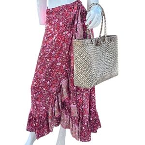 Floral Red Wrap Skirt with Woven Tote